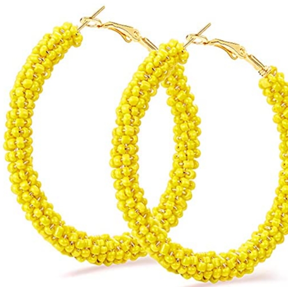✨ SALE New Large Yellow Beaded Hoops Beads Hoop Earrings Fun Colorful Statement - Picture 3 of 4